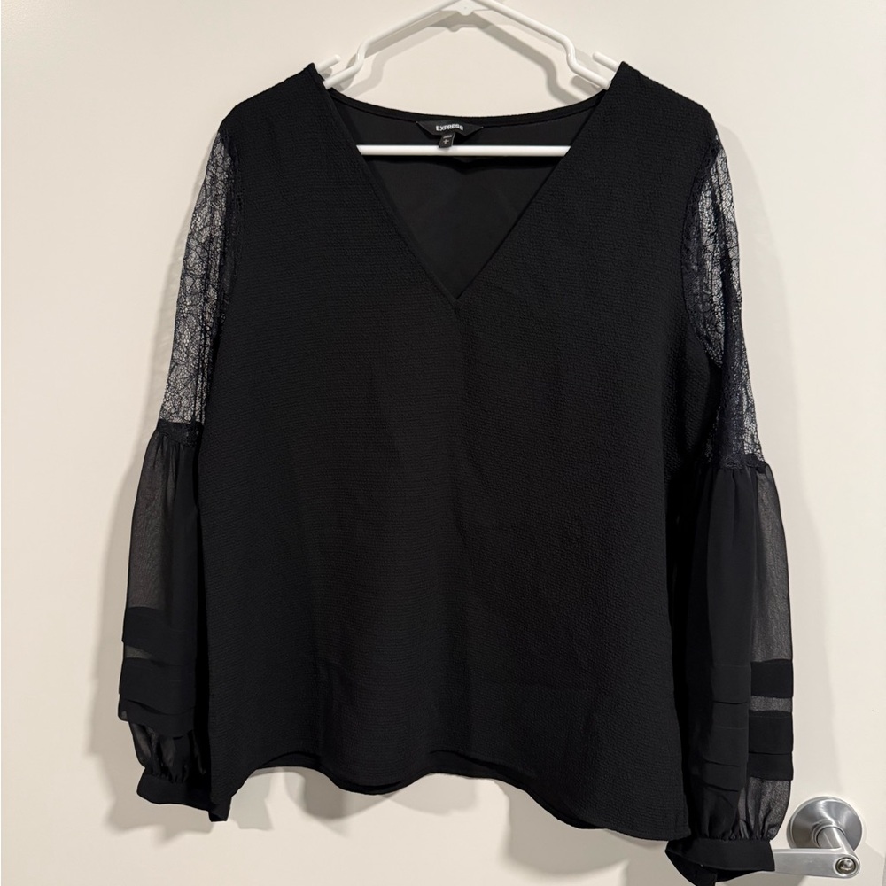 Express Black V-Neck Blouse with Lace Sleeves